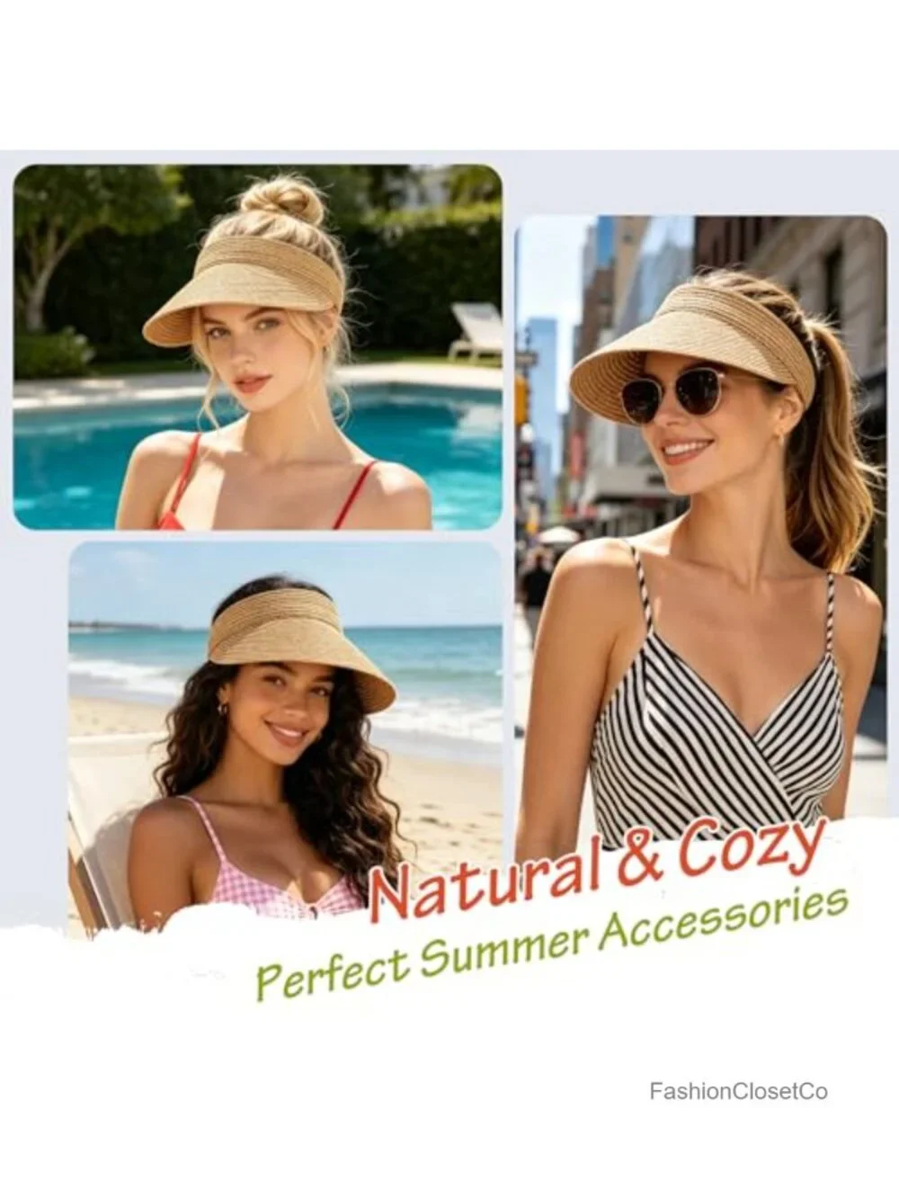 3 Pack Paper Straw Sun Visor Hats Wide Brim UPF 50+ Adjustable Packable Beach